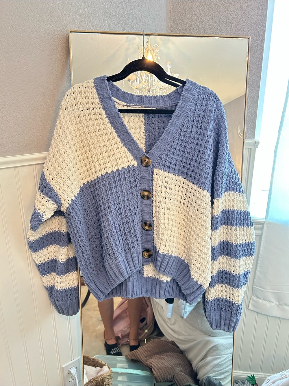 Altar'd State Blue & White V-Neck Colorblock Cardigan - Picture 2 of 4